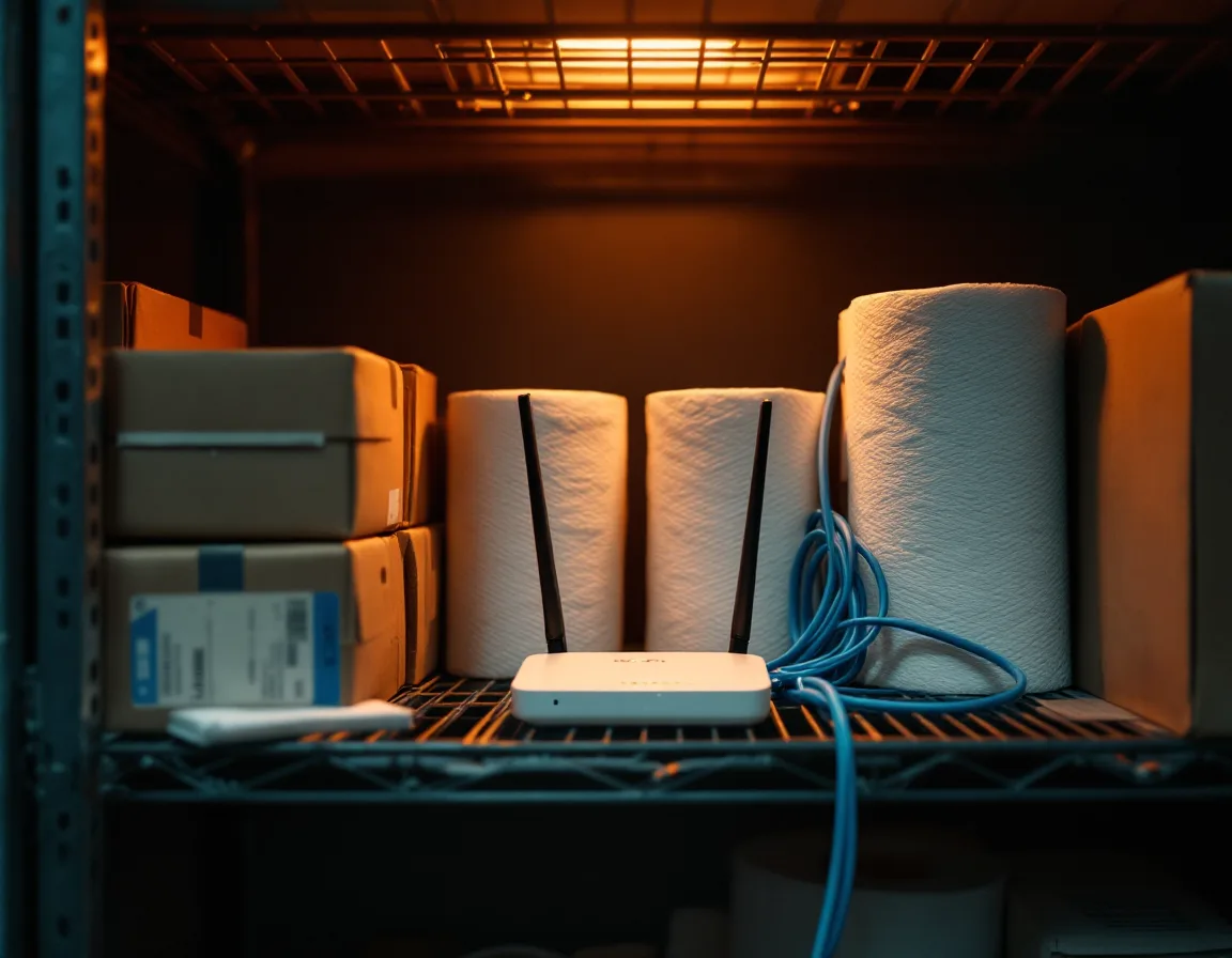 A consumer router and tangled cables on a shelf in a supply closet