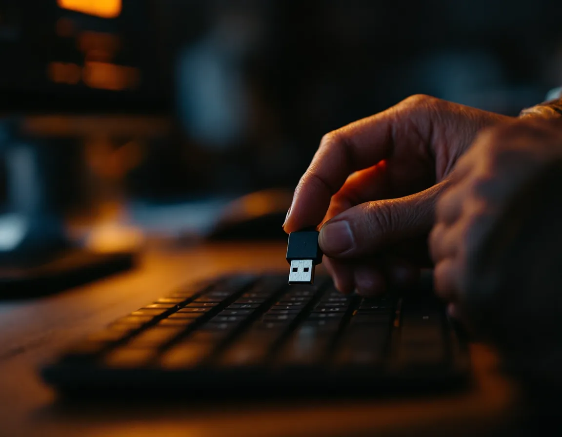 A hand holding a hardware security key over a keyboard